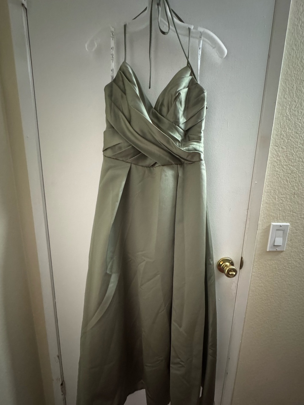 Davids Bridal Satin Halter A-Line Dress in Sage Green